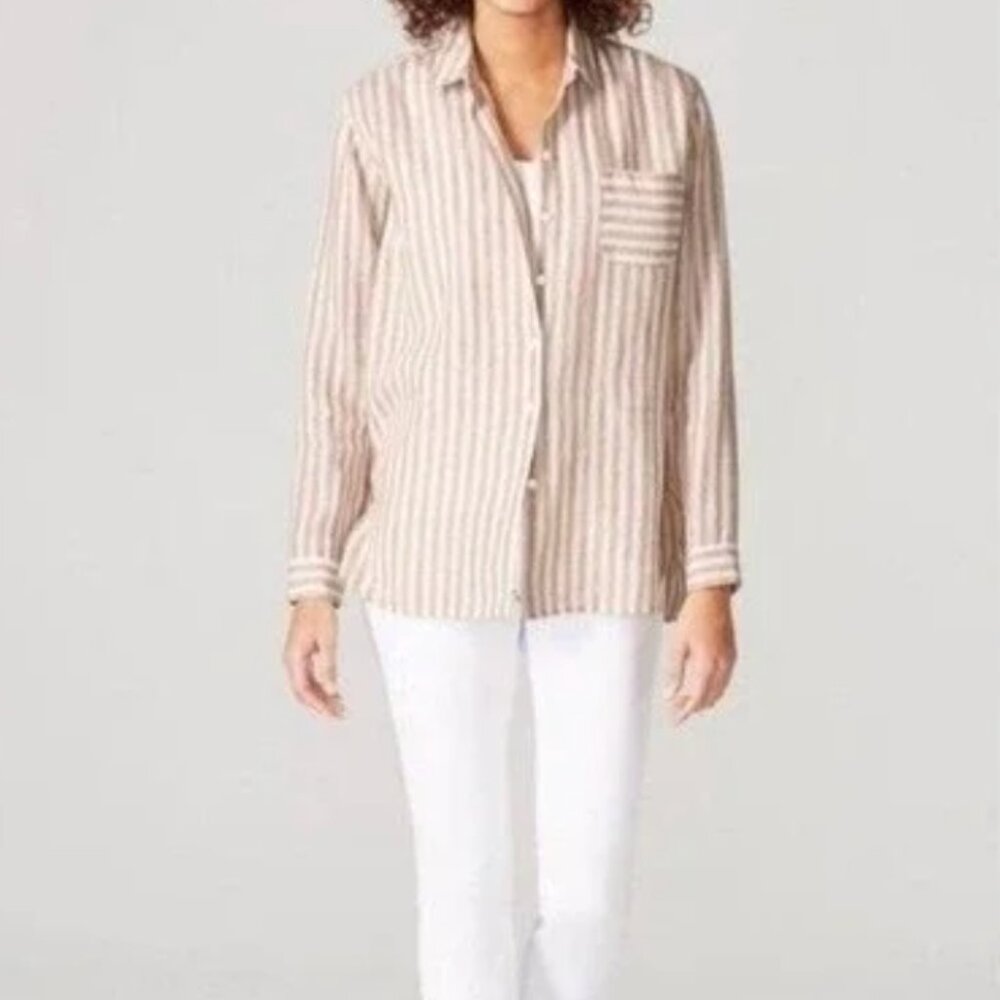 J. Jill Love Linen Striped Boyfriend Oversized Button Front Shirt Size L Coastal